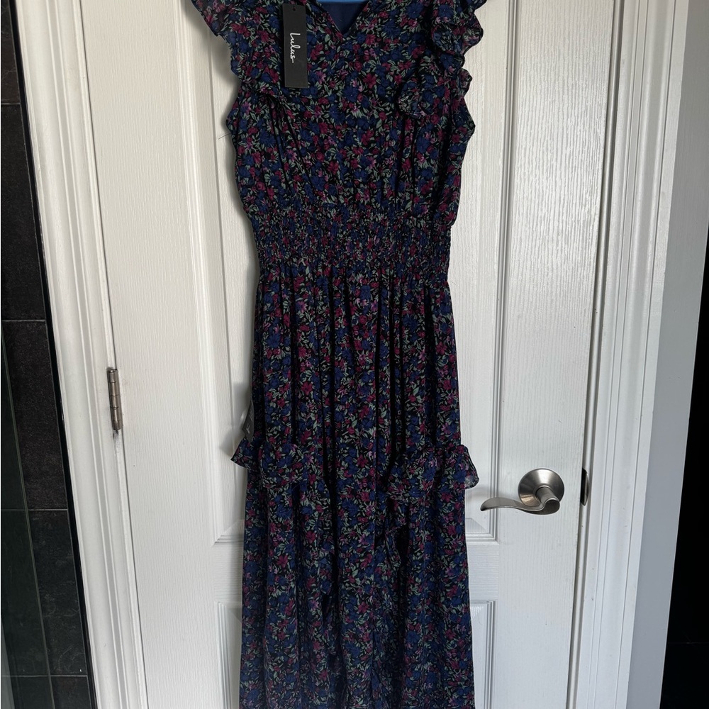 Lulu's Floral Ruffle Dress - Navy and Multicolor - Picture 2 of 6